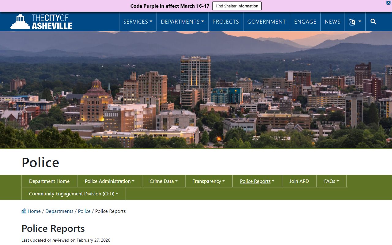 Asheville Police Department page for criminal records and police reports
