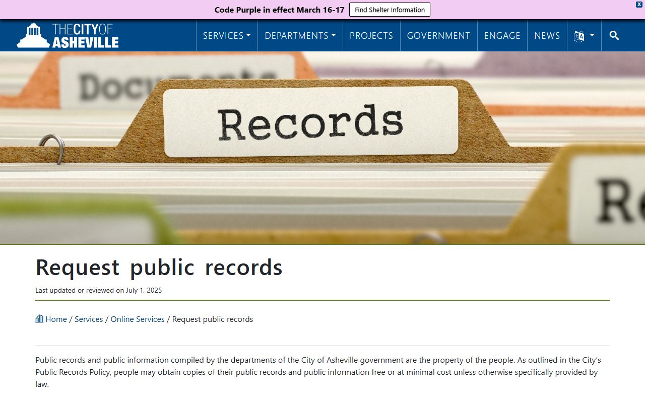 Asheville public records request page for criminal records
