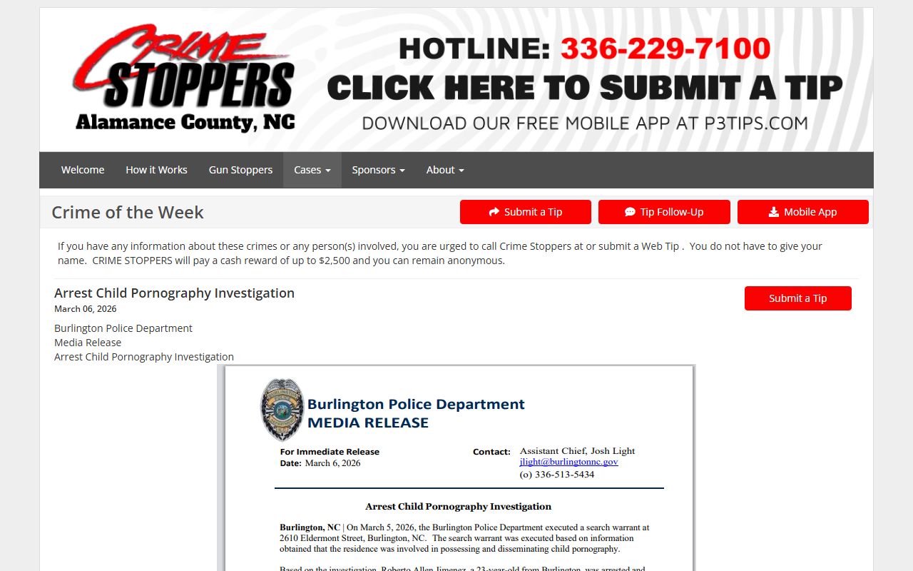 Burlington Police Department crime information page for criminal records