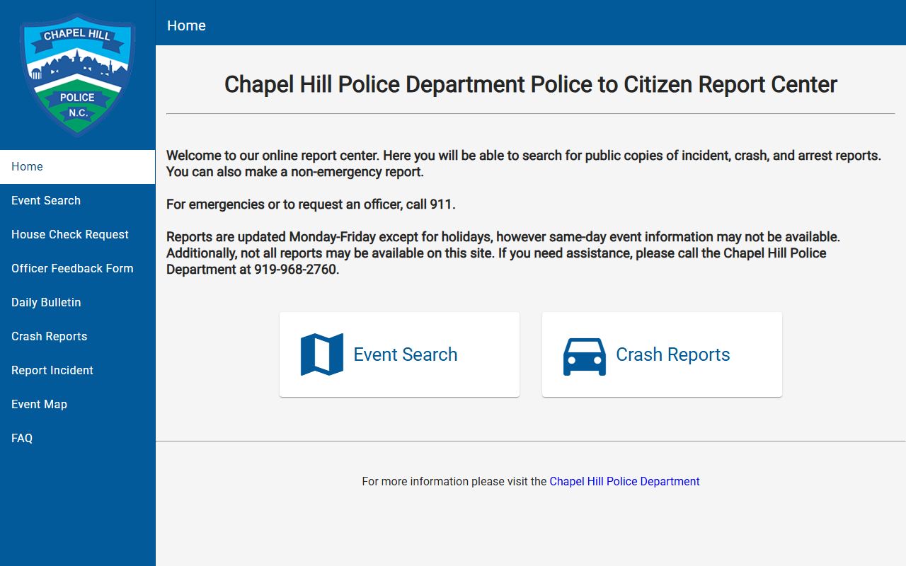 Chapel Hill Police P2C portal for criminal records search