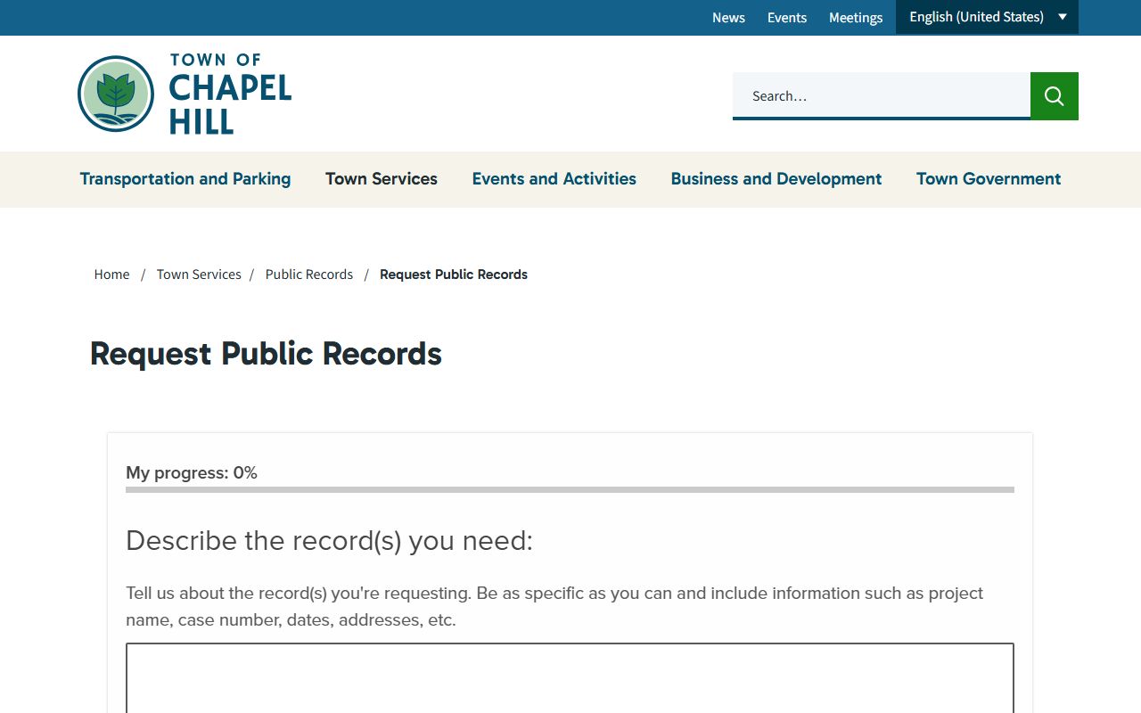 Chapel Hill public records request page for criminal records