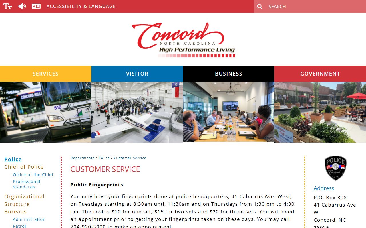 City of Concord police page with criminal records contact information