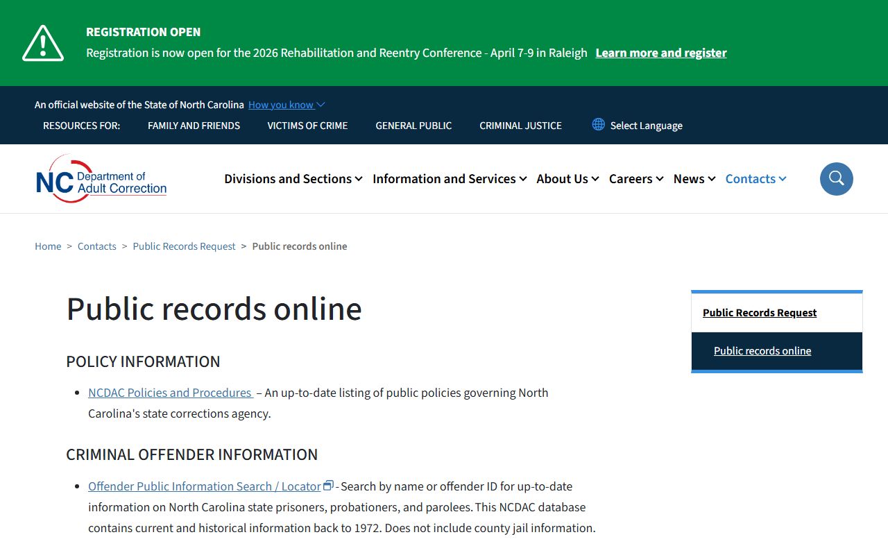 NC DAC public records page for Fayetteville criminal records search