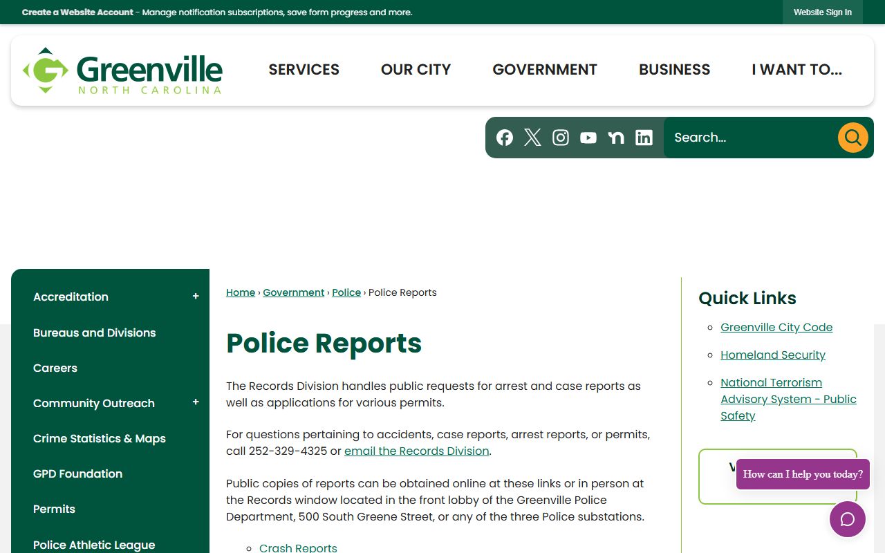 Greenville Police Department page for criminal records and police reports