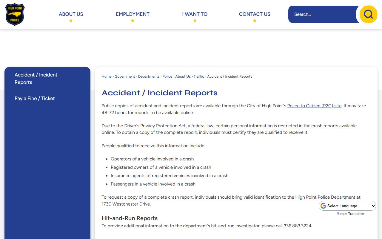 High Point Police Department page for criminal records access