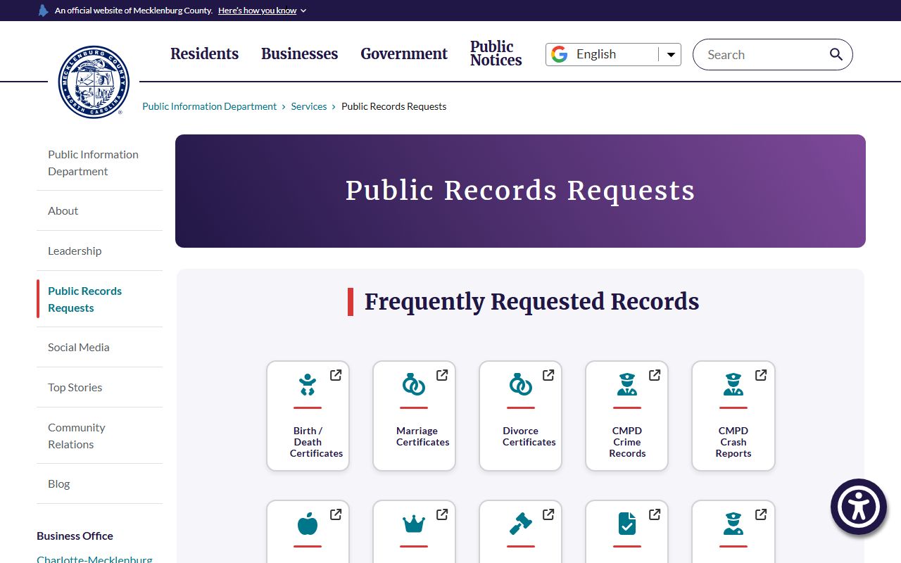 Mecklenburg County public records page for Huntersville criminal records
