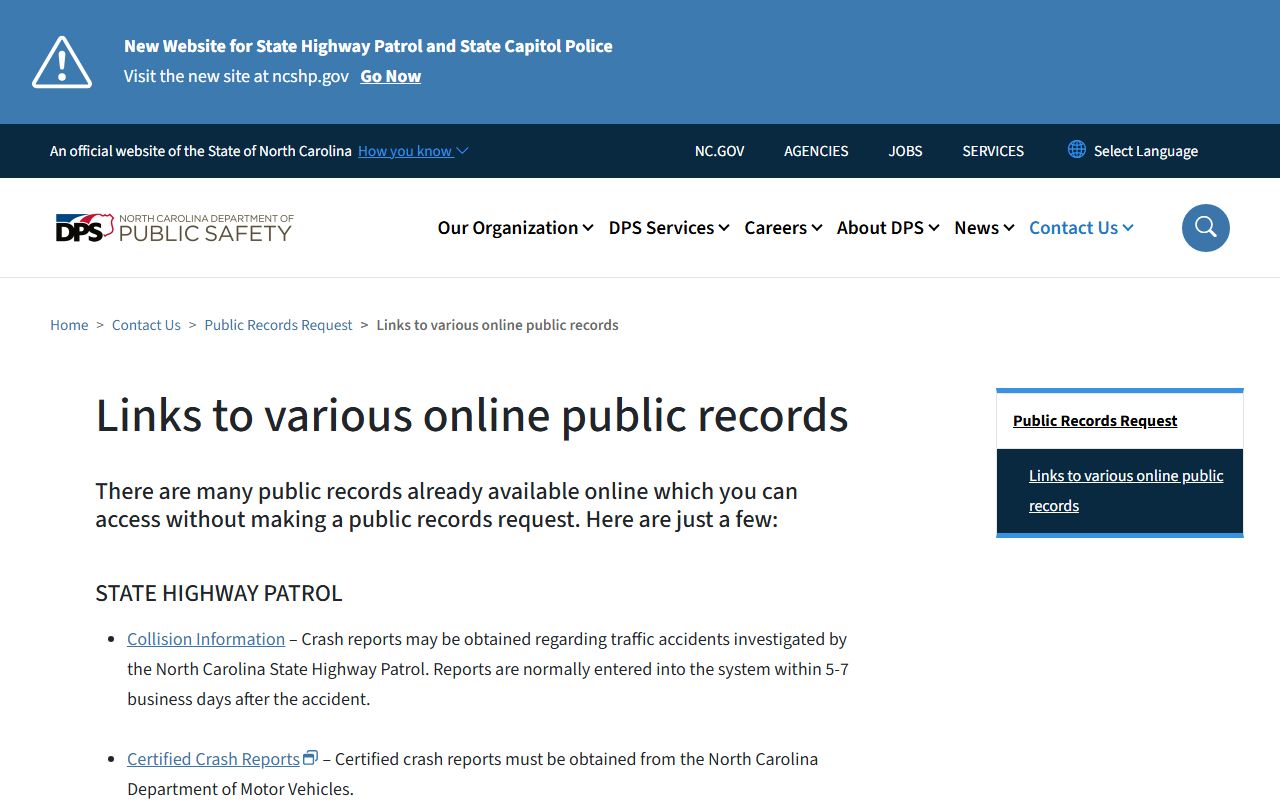 NC DPS links to online public criminal records for Wilmington