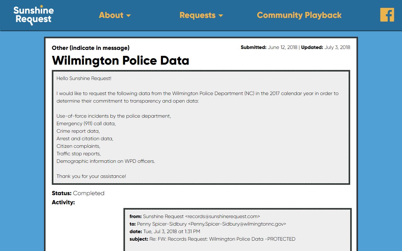Sunshine Request portal for Wilmington police criminal records data