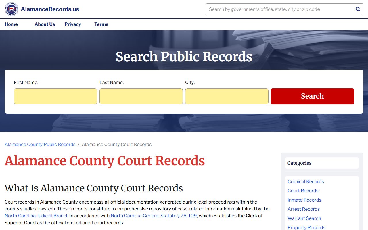 Alamance County Clerk of Court page for criminal records lookup