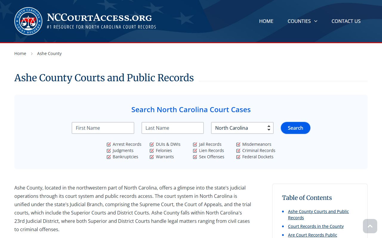 Ashe County court records page for criminal records access