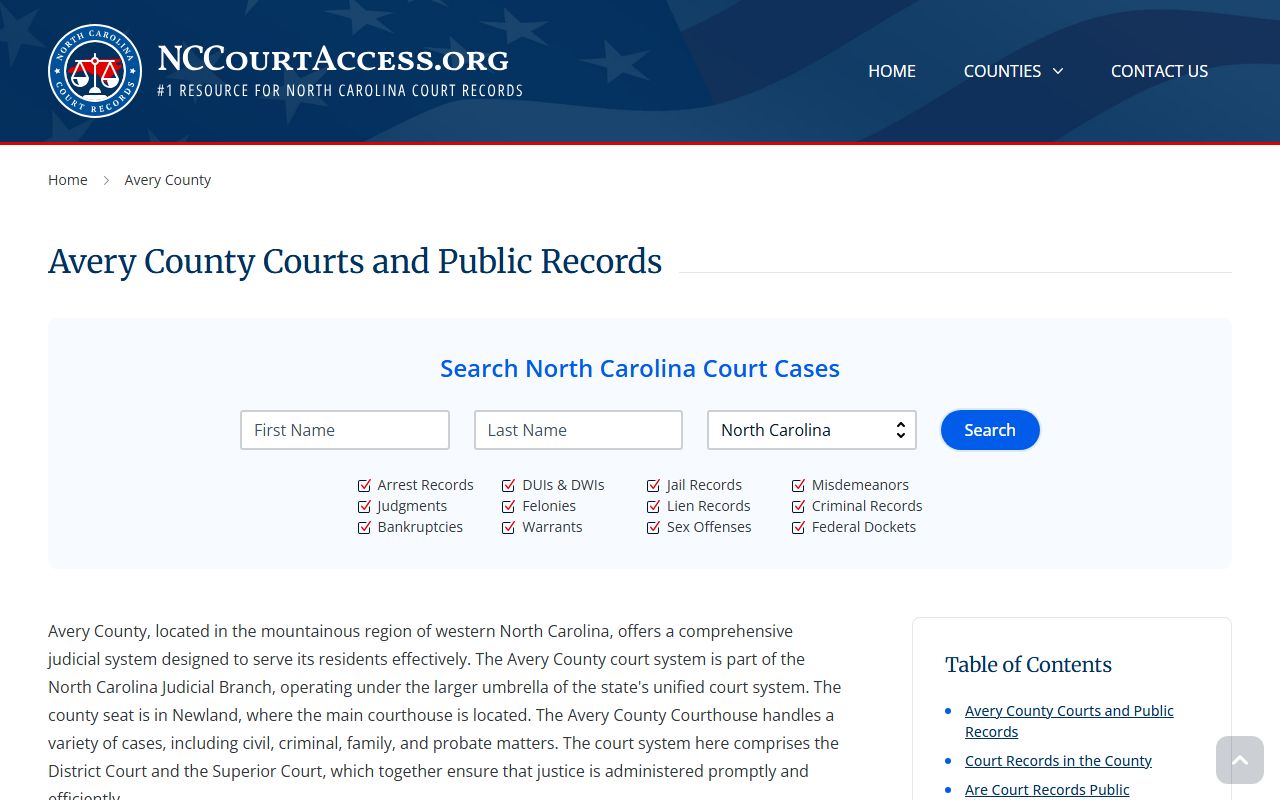 Avery County court information page for criminal records access