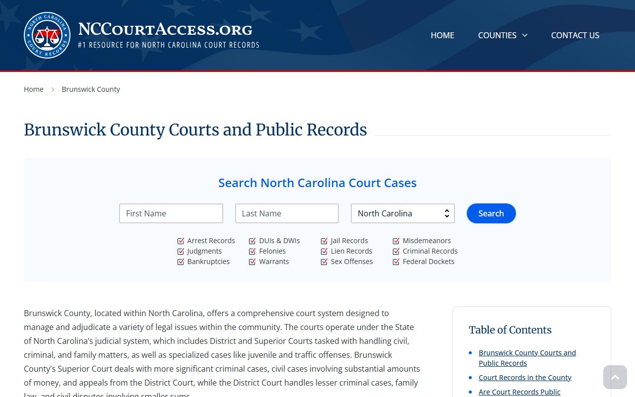 Brunswick County court records page for criminal records lookup