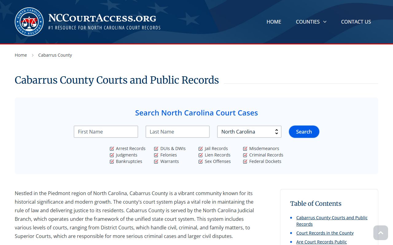 Cabarrus County court records page for criminal record searches