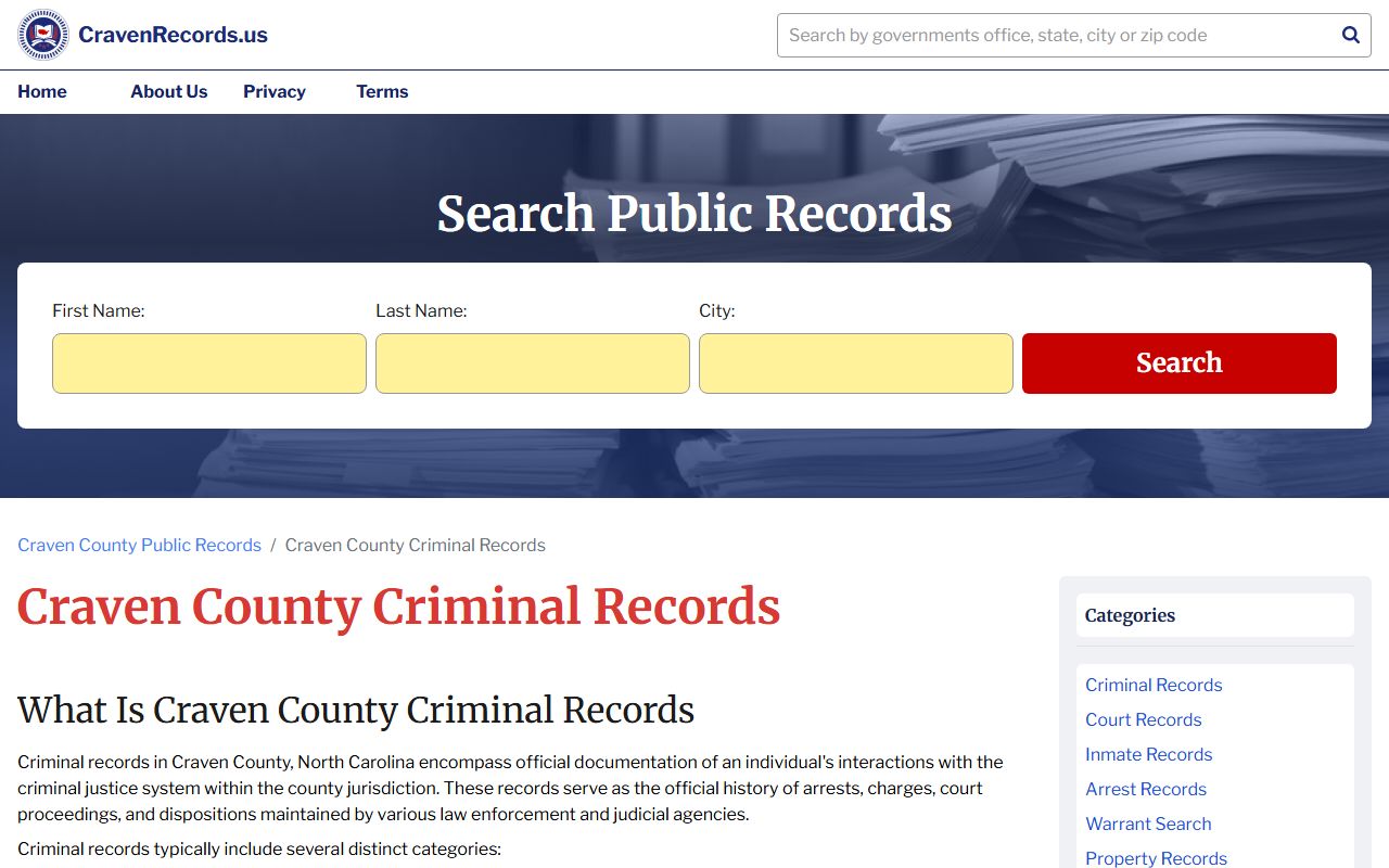 Craven County criminal records guide page in New Bern