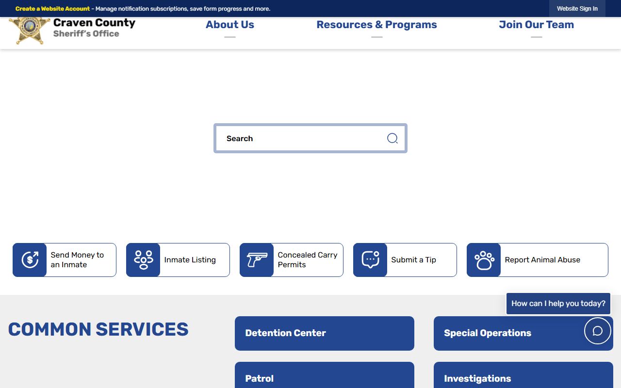 Craven County Sheriff's Office criminal records page in New Bern