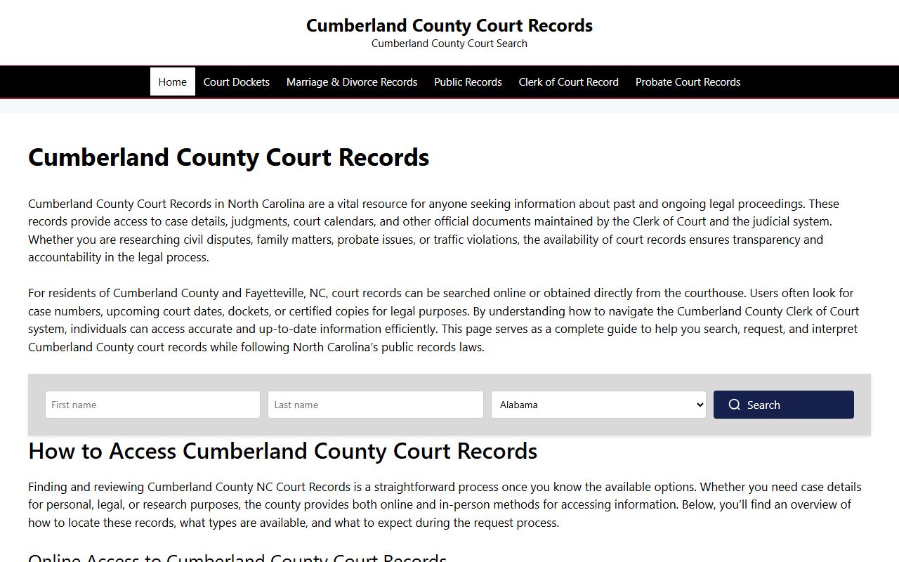 Cumberland County court records search page for criminal cases in Fayetteville
