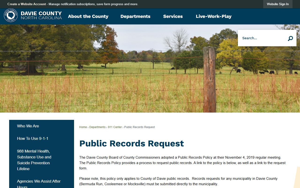 Davie County public records request page for criminal records in Mocksville