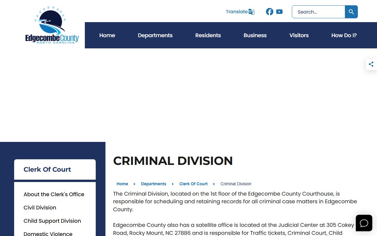 Edgecombe County Clerk of Court criminal division page for records in Tarboro