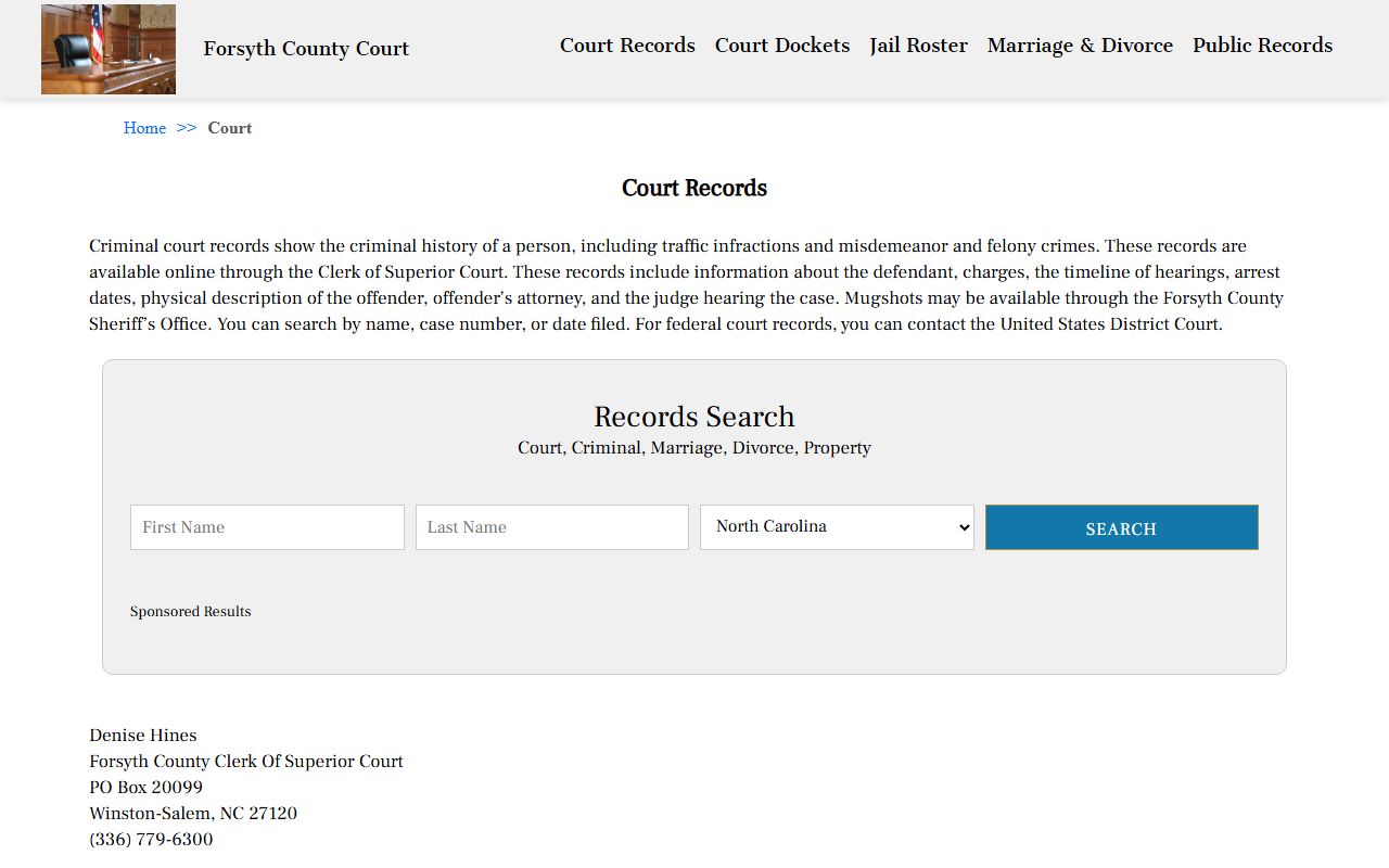 Forsyth County court records page for criminal cases in Winston-Salem