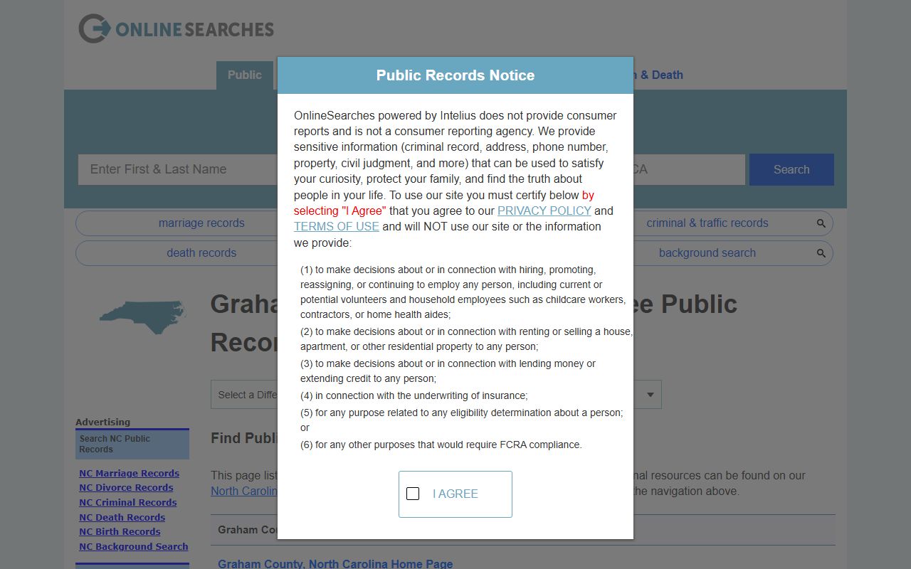 Graham County public records search page for criminal record lookups in Robbinsville
