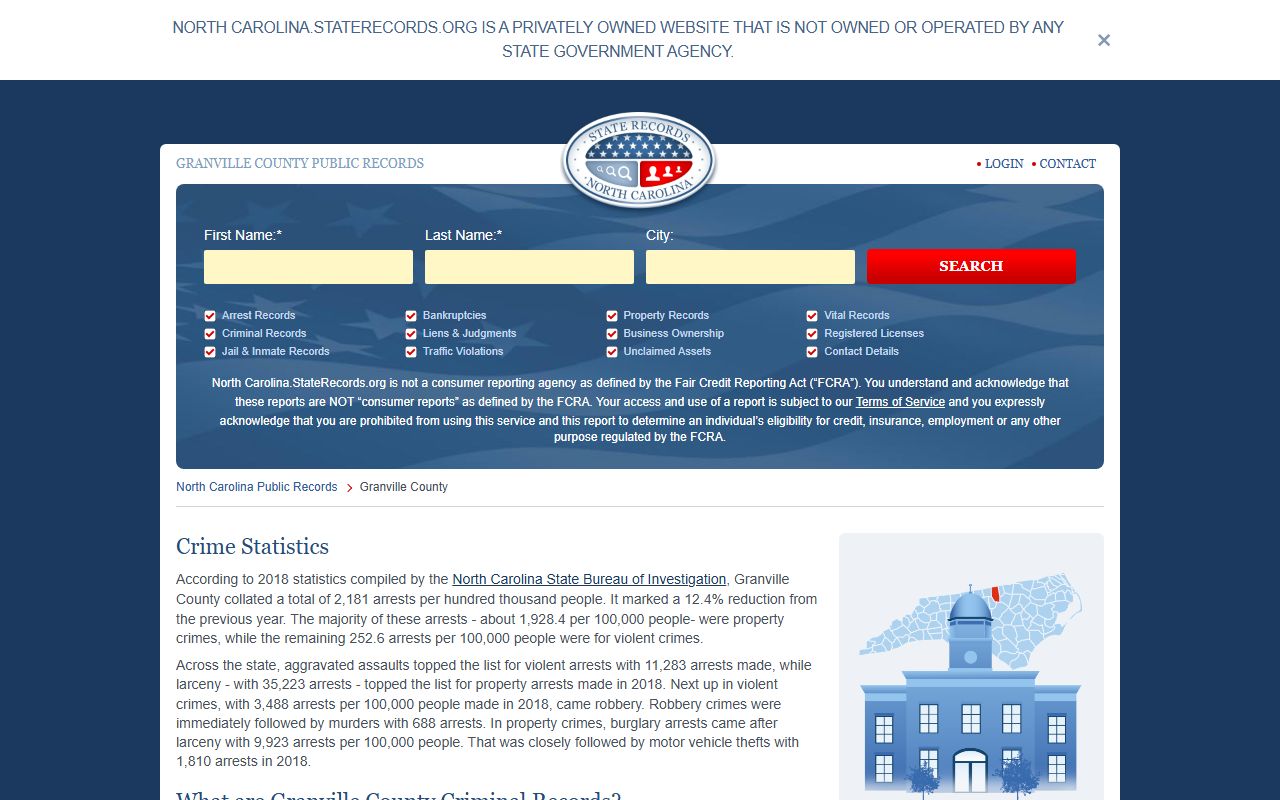 Granville County court records search page for criminal case information in Oxford NC