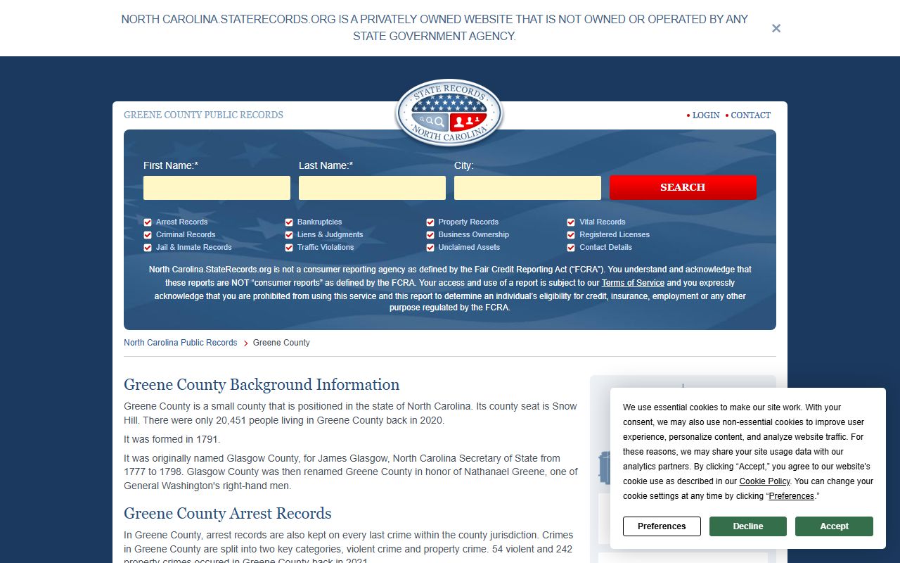 Greene County criminal records search page for case lookups in Snow Hill NC
