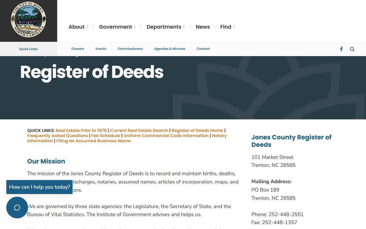 Jones County Register of Deeds page for property records related to criminal cases in Trenton