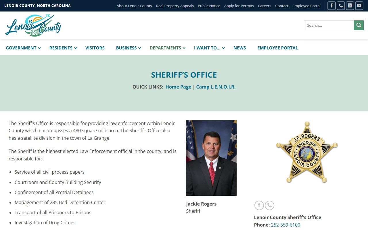 Lenoir County Sheriff's Office criminal records page in Kinston