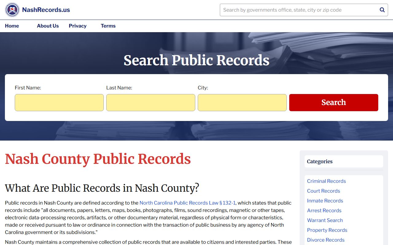 Nash County public records page for criminal records in Nashville