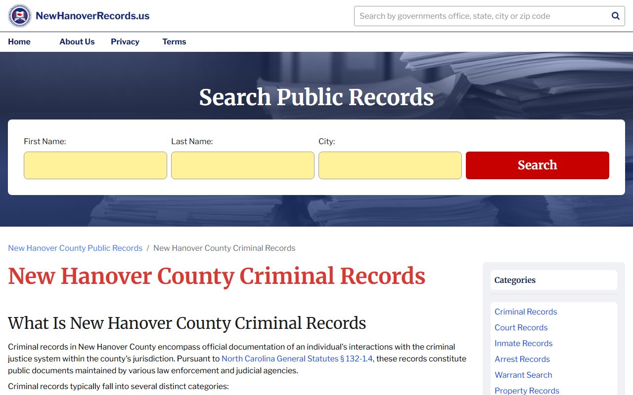 New Hanover County criminal records request page in Wilmington