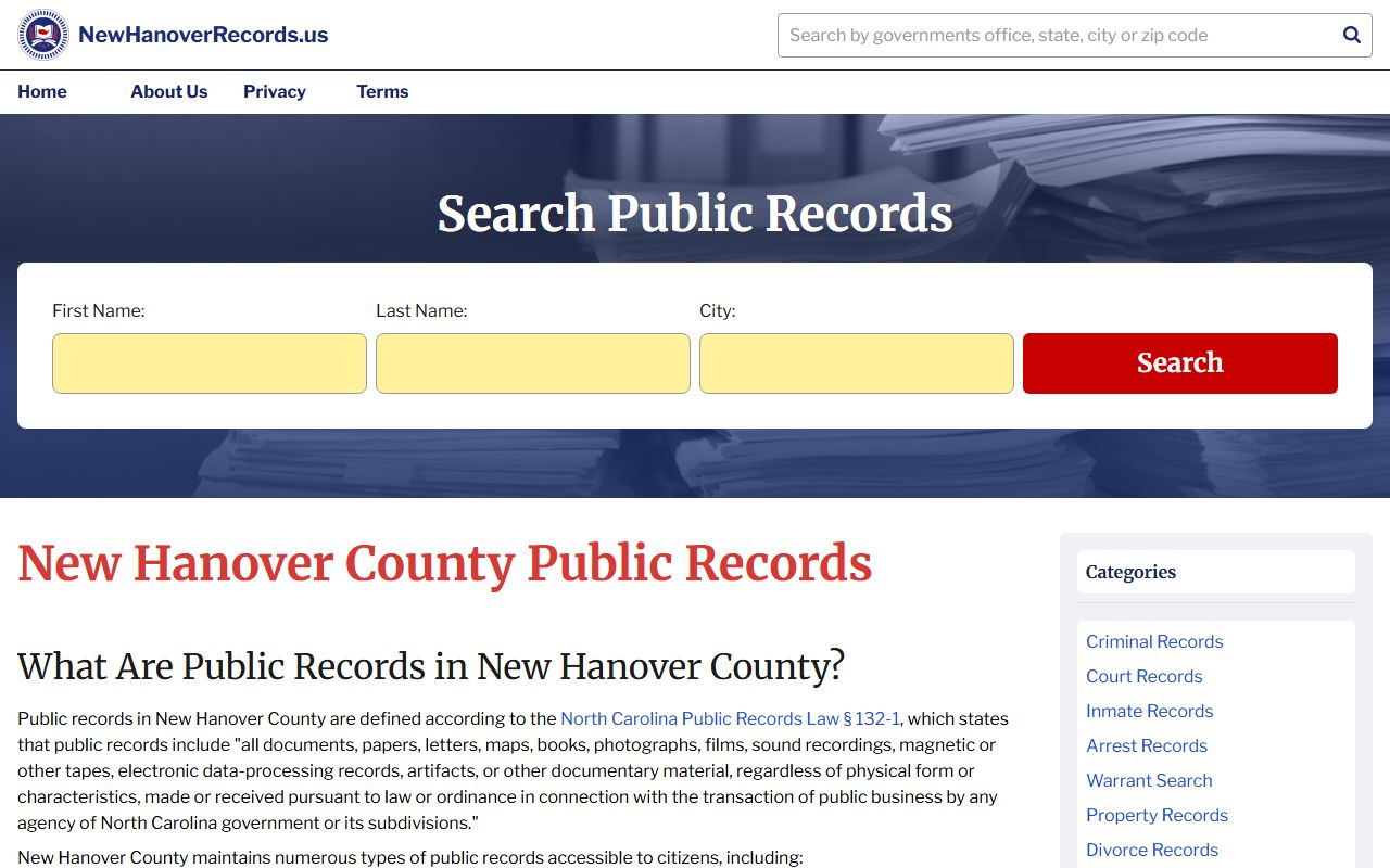 New Hanover County public records page for criminal records in Wilmington