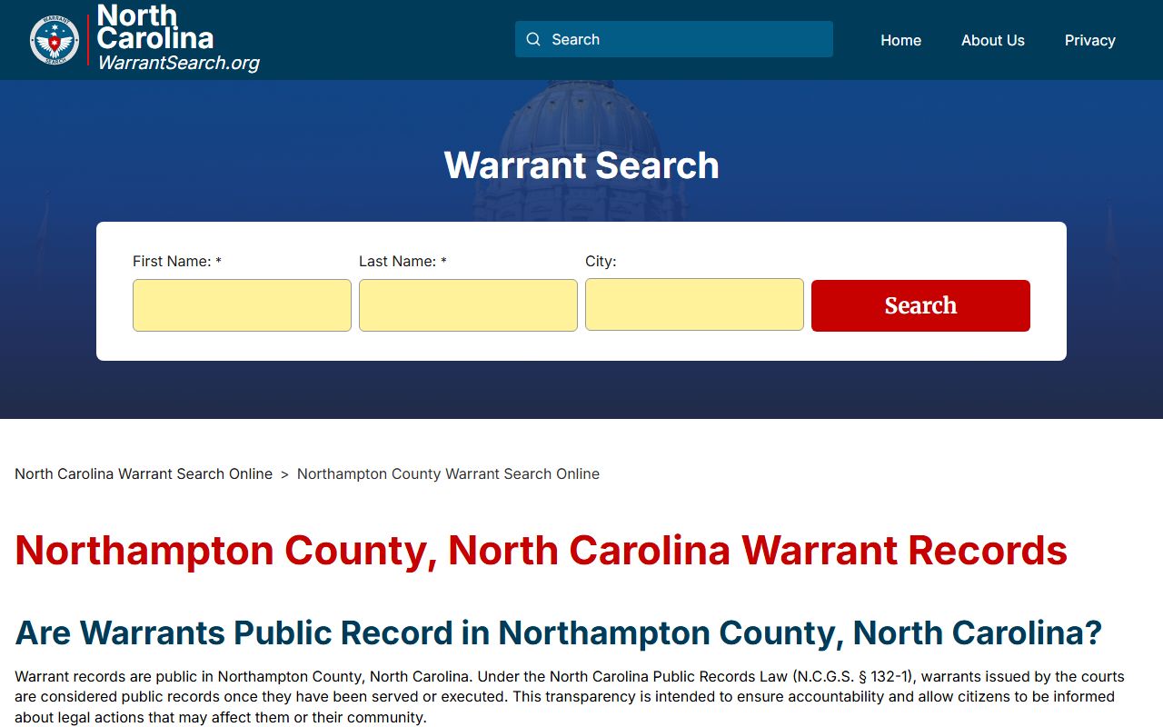 Northampton County warrant search page for criminal records in Jackson NC