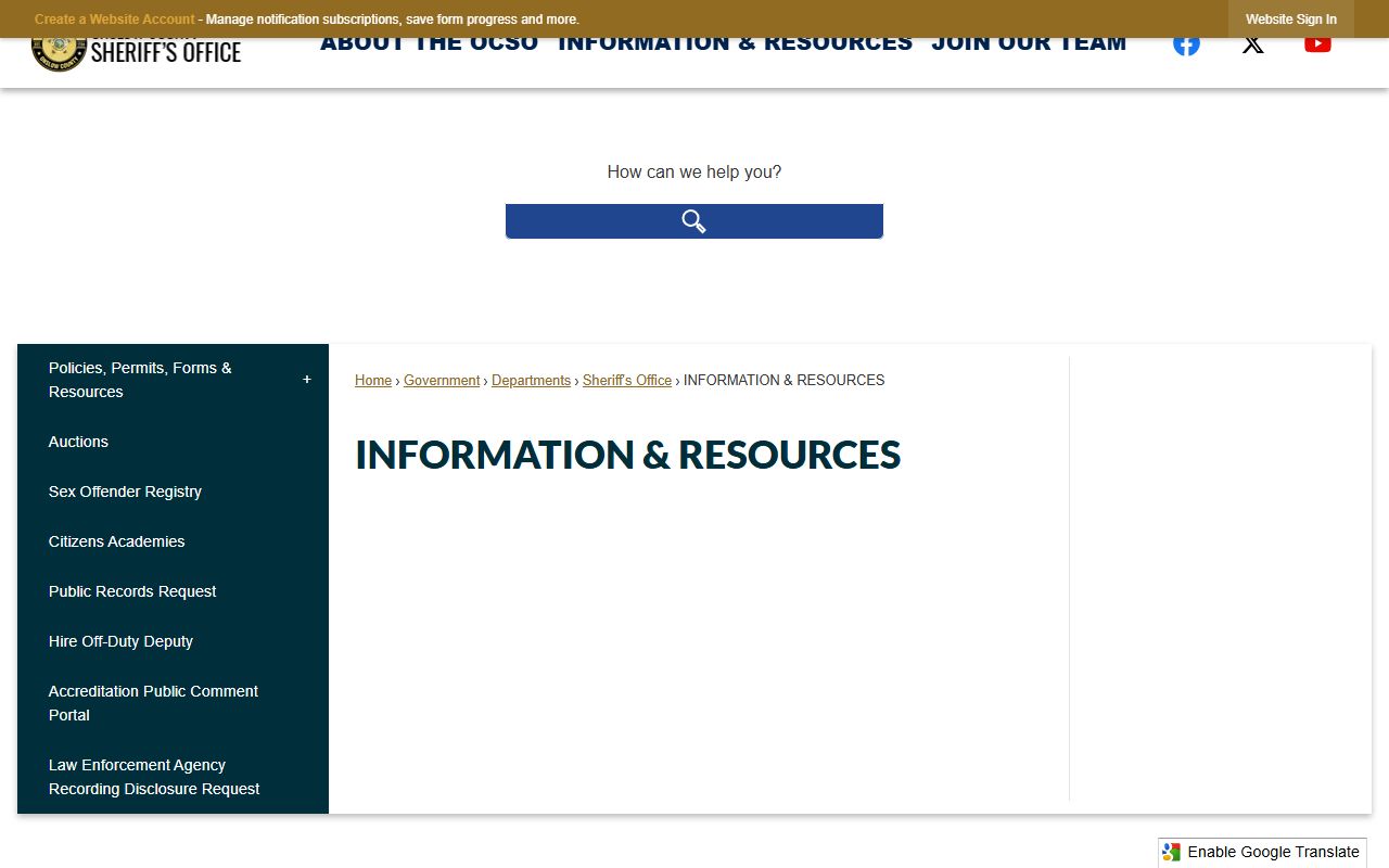 Onslow County Sheriff's Office information page for criminal records in Jacksonville