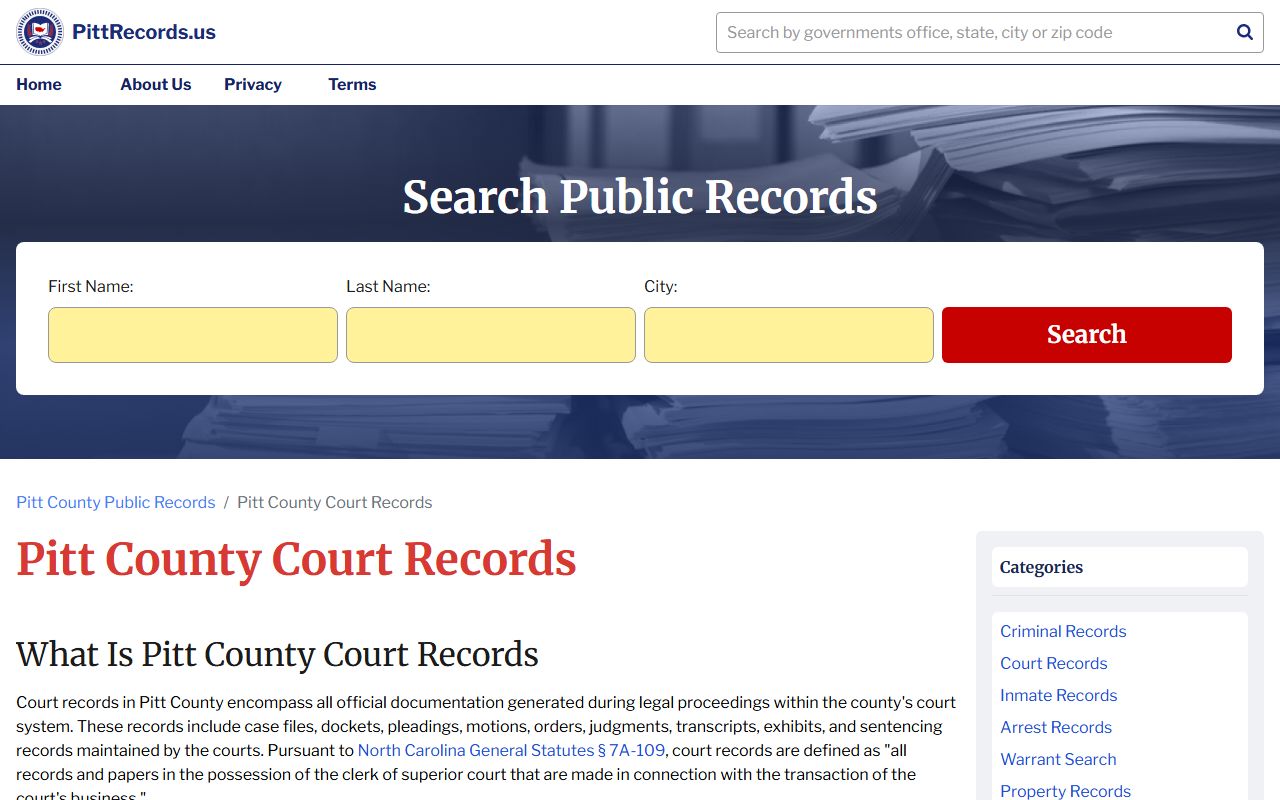 Pitt County court records search page for criminal cases in Greenville