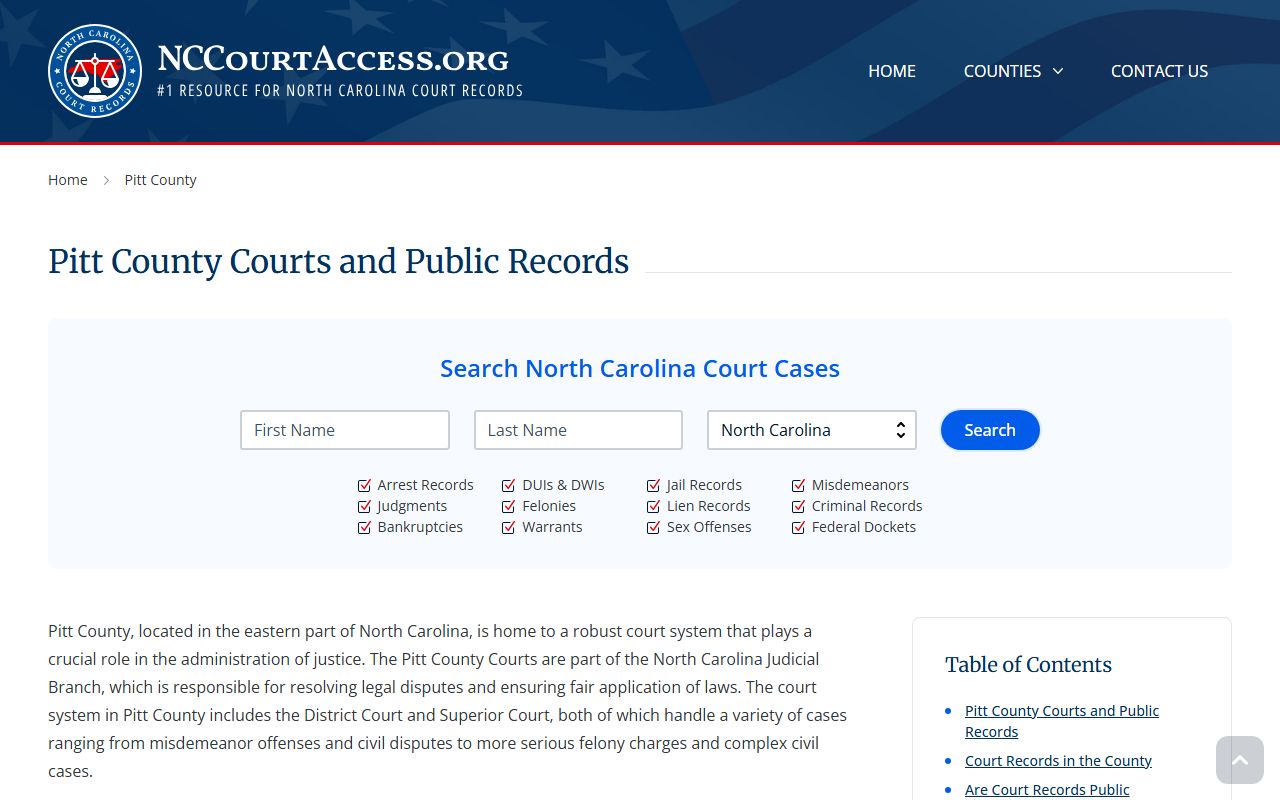 Pitt County records page for criminal case information in Greenville