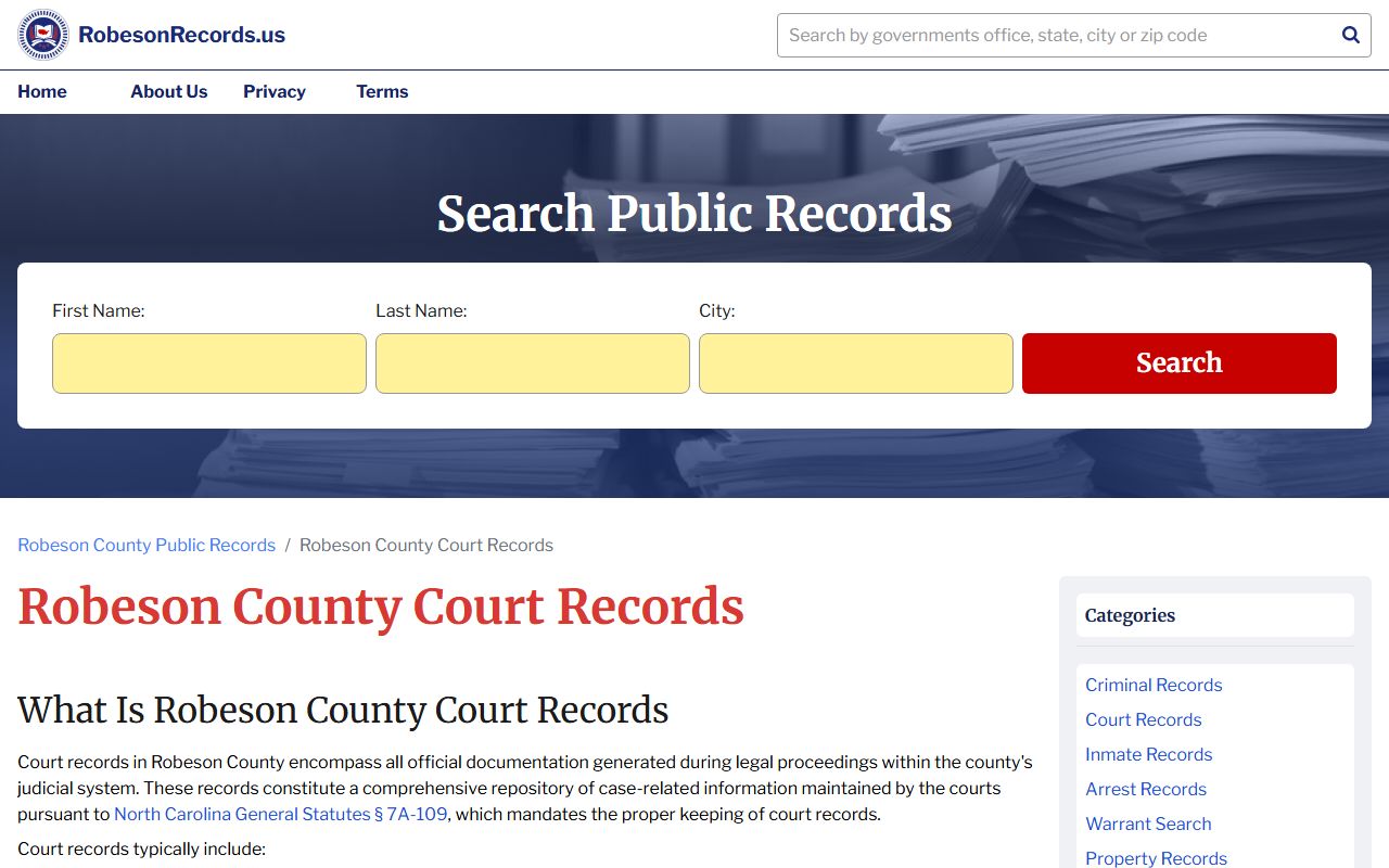 Robeson County court records search page for criminal cases in Lumberton