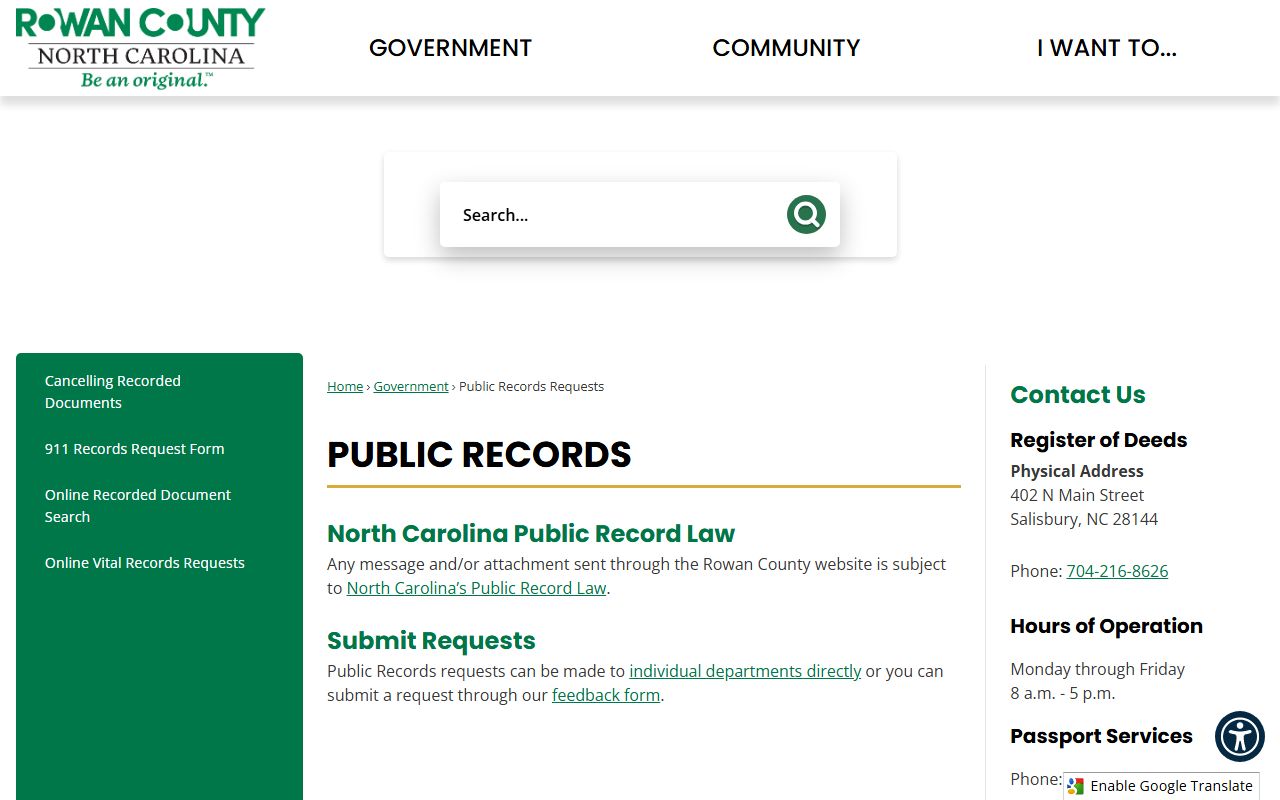 Rowan County public records request page for criminal record searches in Salisbury