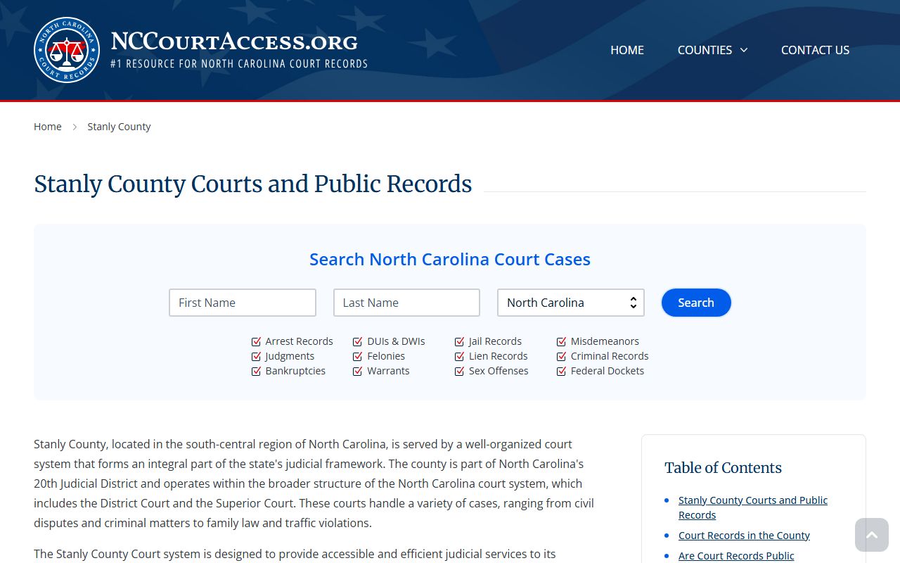 Stanly County court records search page for criminal cases in Albemarle