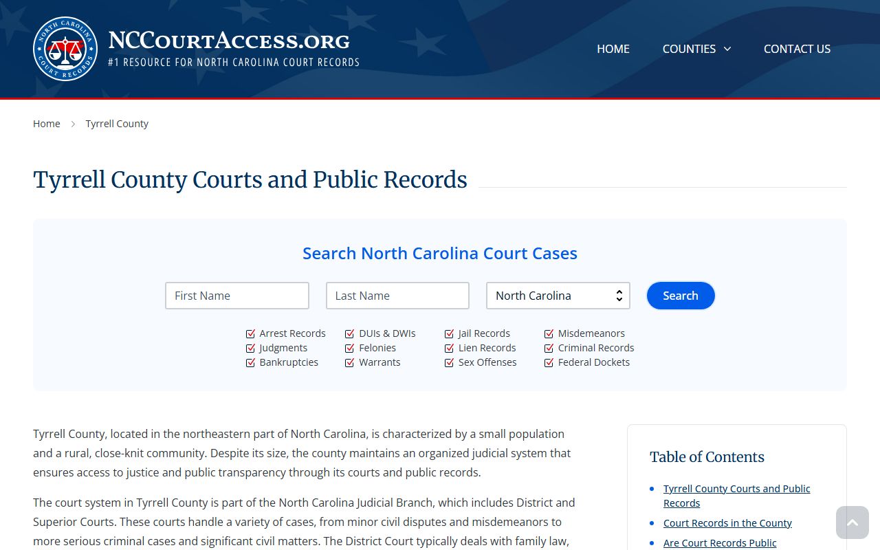 Tyrrell County records access page for Tyrrell County criminal records search
