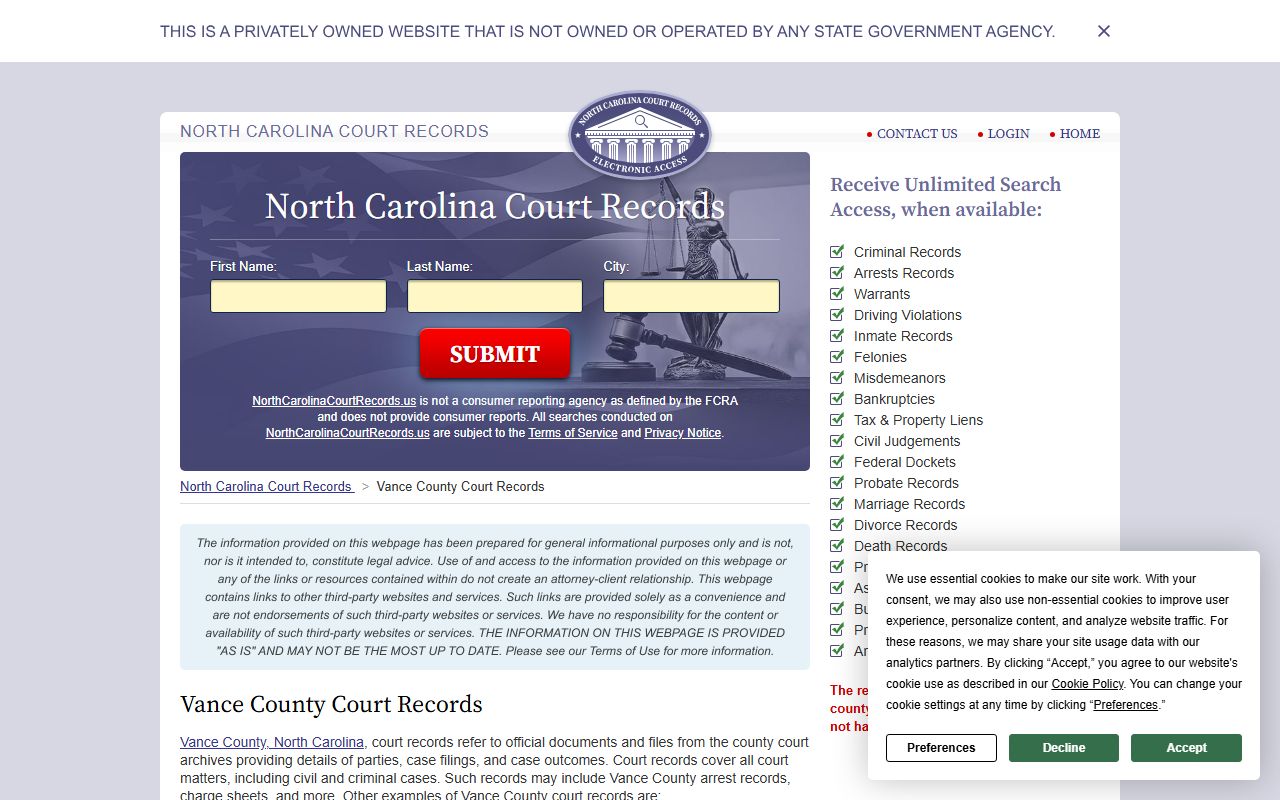 Vance County court records access page for Vance County criminal records