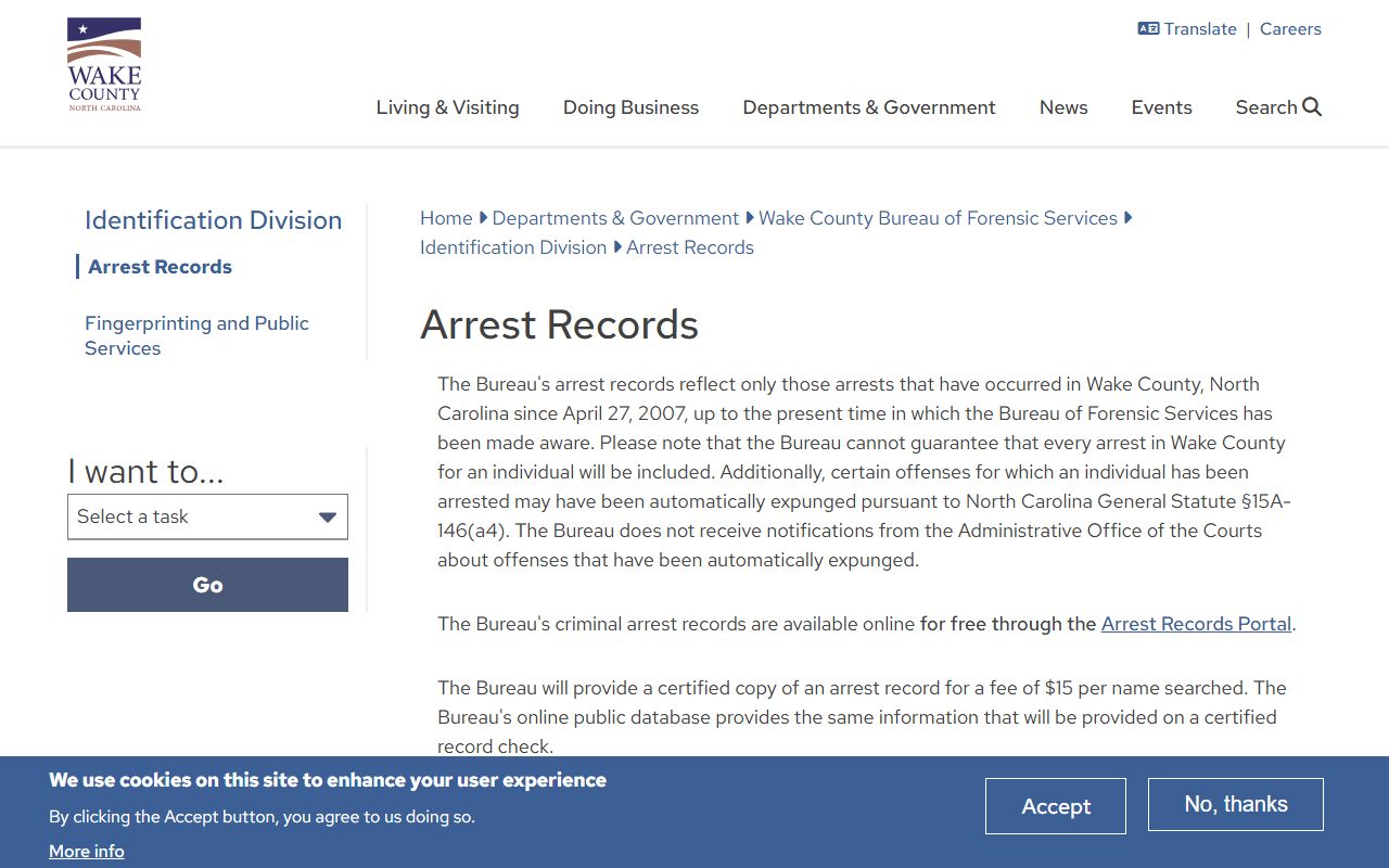 Wake County CCBI criminal record inquiry page for Wake County criminal records