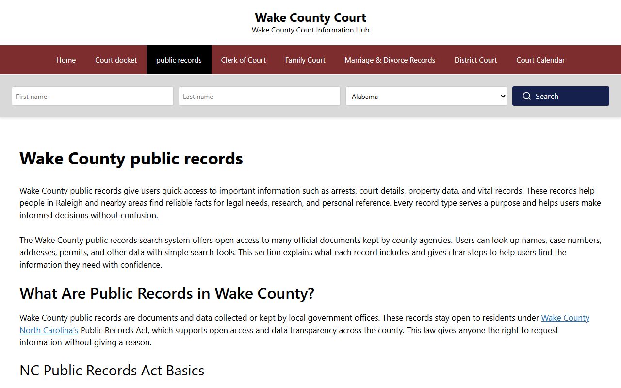 Wake County public records page for Wake County criminal records access