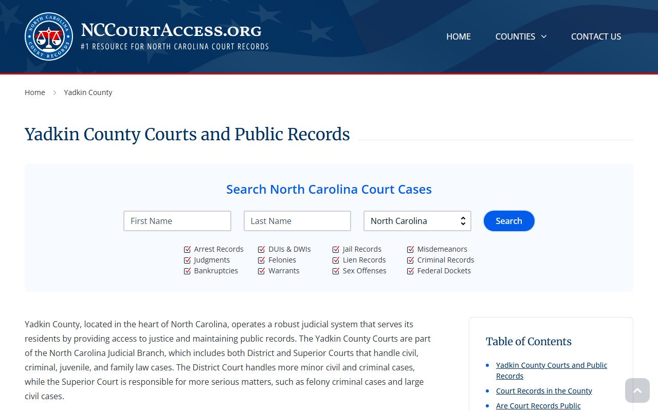 Yadkin County records access page for Yadkin County criminal records search