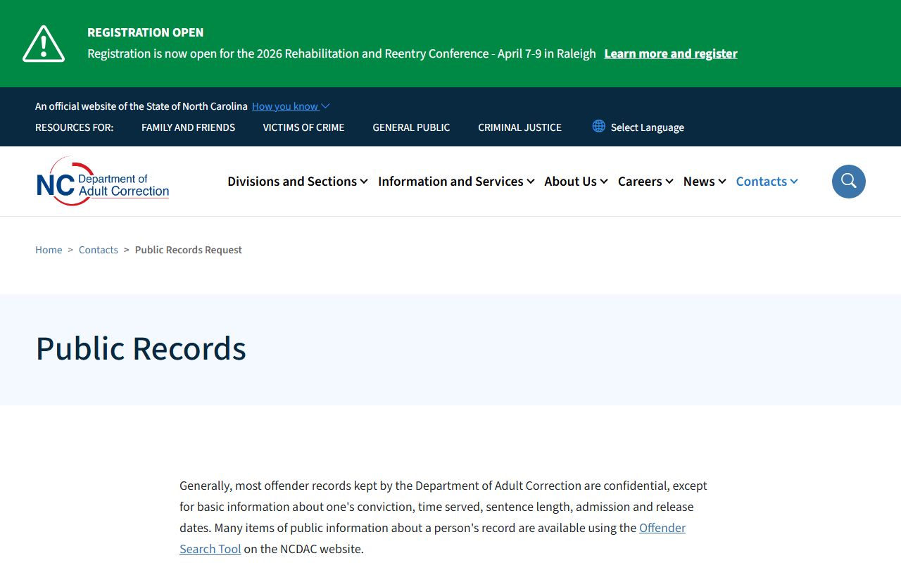 North Carolina Department of Adult Correction public records for criminal records