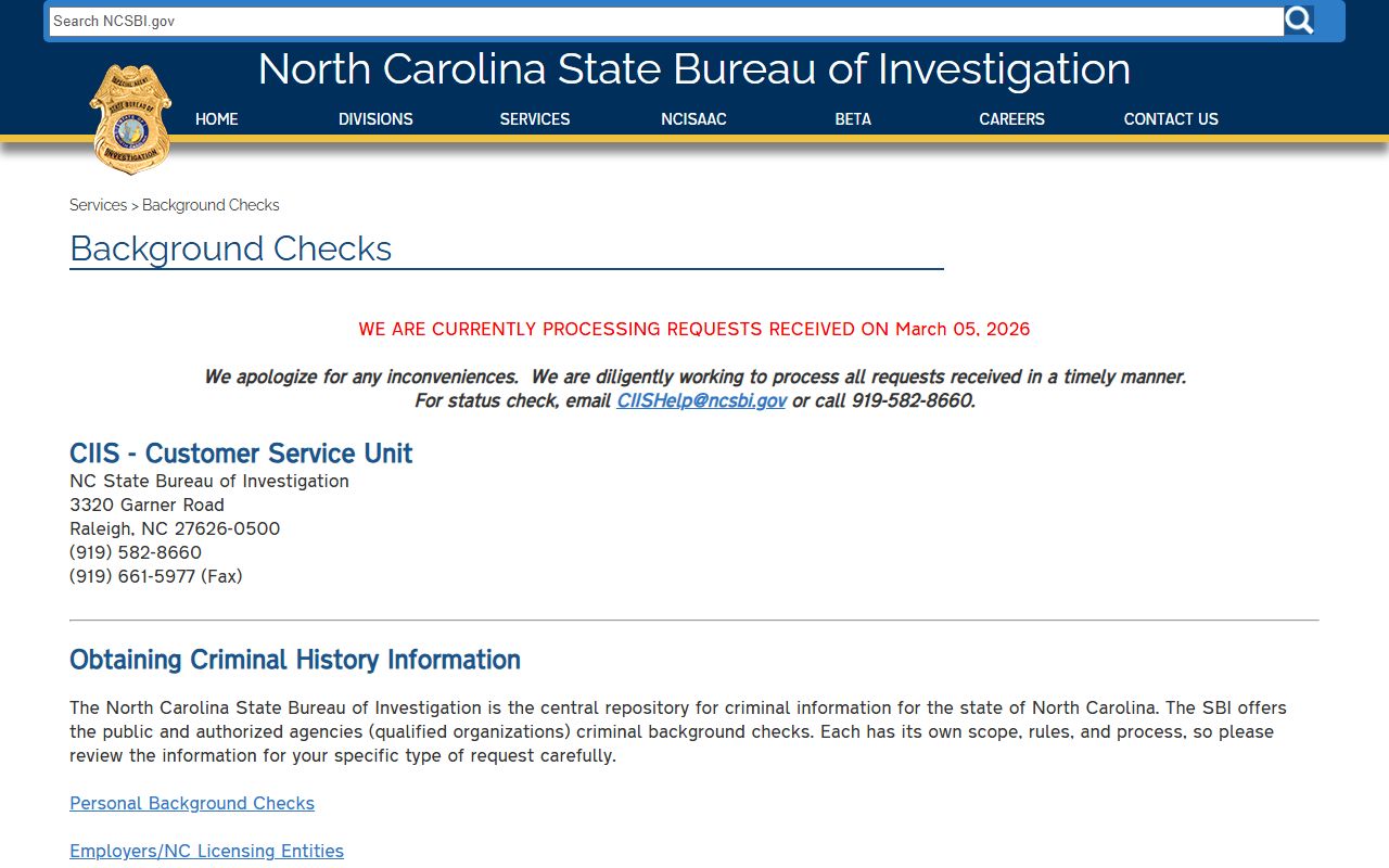 North Carolina State Bureau of Investigation background checks for criminal records