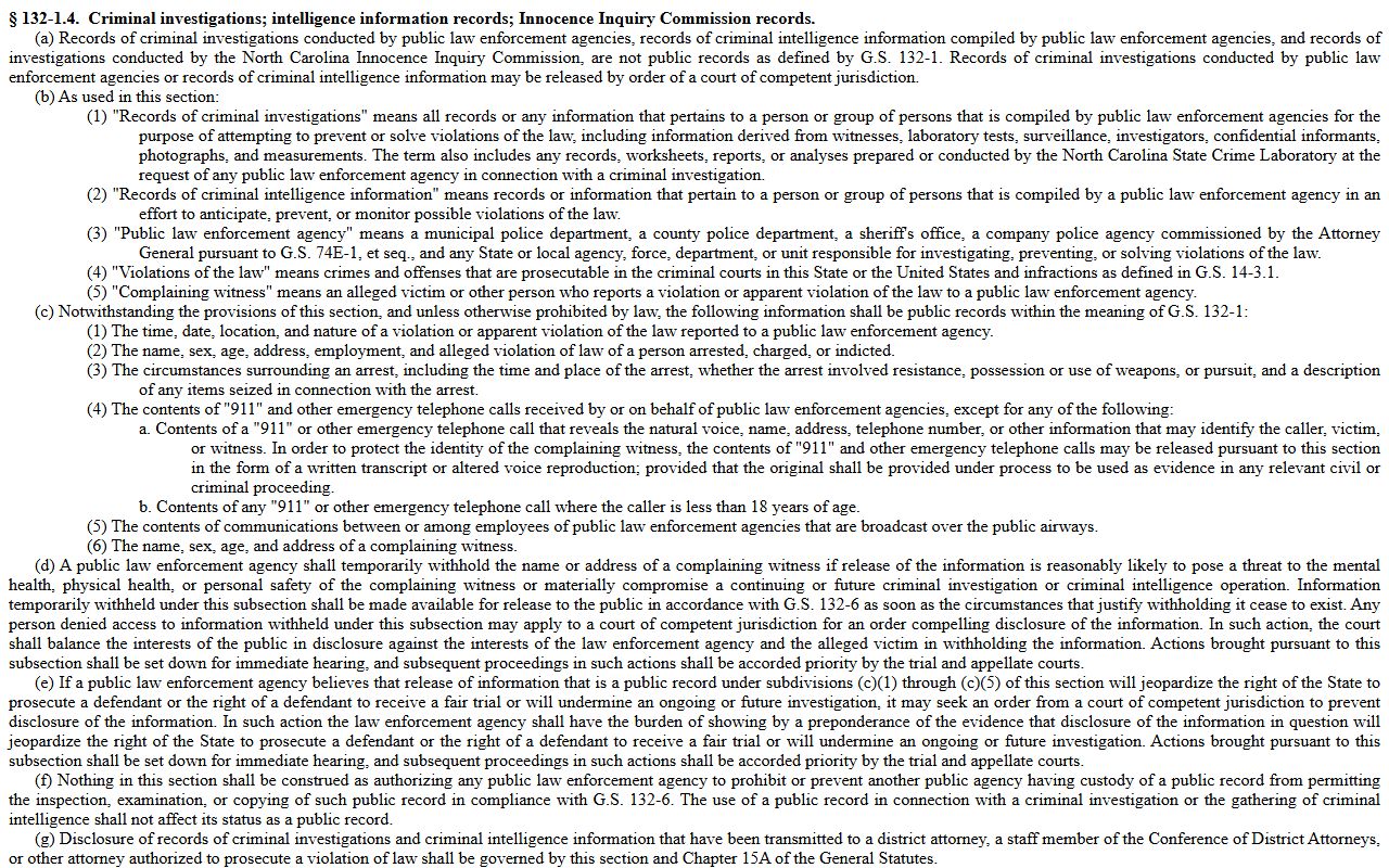 North Carolina criminal investigation records statute
