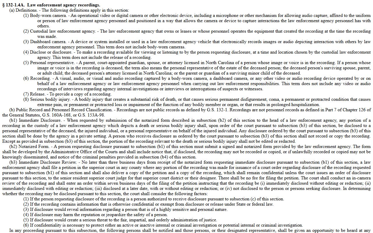 North Carolina law enforcement recordings statute for criminal records