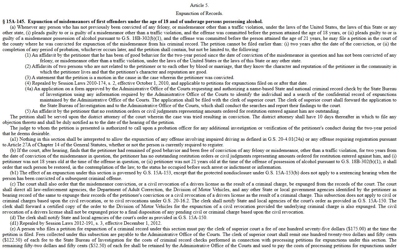 North Carolina expunction statute for criminal records