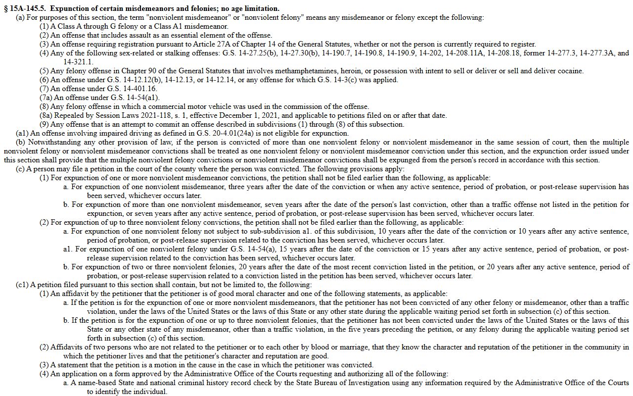 North Carolina expunction statute for criminal records removal