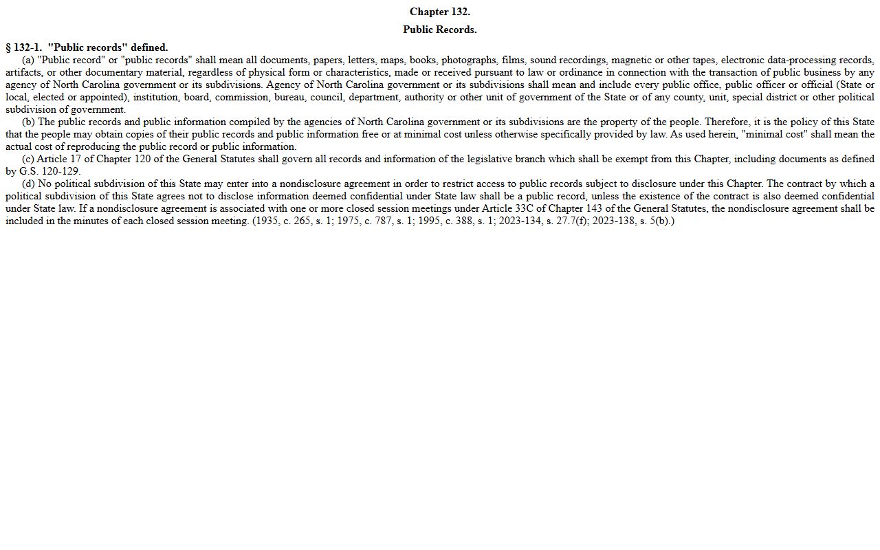 North Carolina state statute on criminal records public access